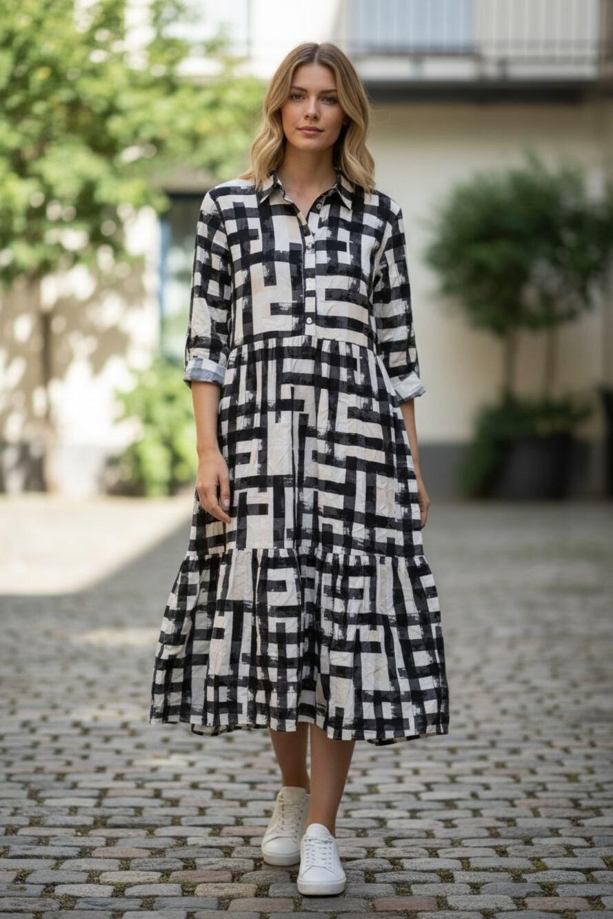 MAEVE Anthropologie The Bettina Tiered Shirt Dress Maxi Size L Black White